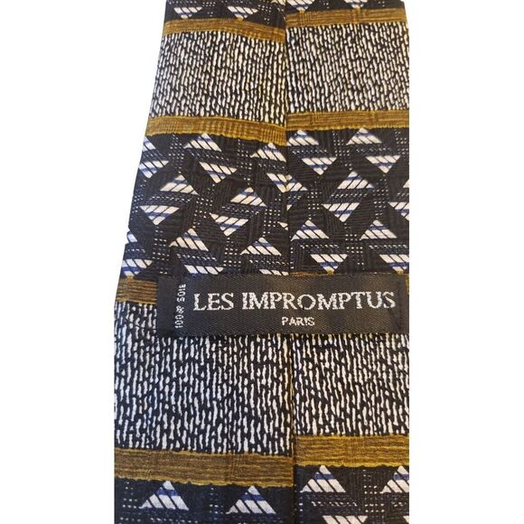 Vintage Les Impromptus Paris Tie Mens Black Geometric Stripes‎ Silk Long Necktie - Picture 5 of 11